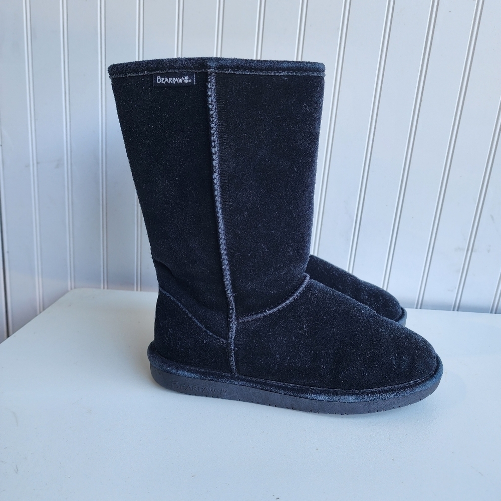 BearPaw Emma Tall Suede Cow Suede Lined Flat Casual Boots Black Sz 8